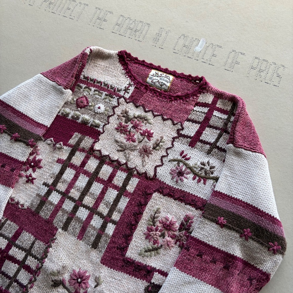 Vintage 90s Heirloom Collectibles Patchwork Floral Embroidered Knit Sweater